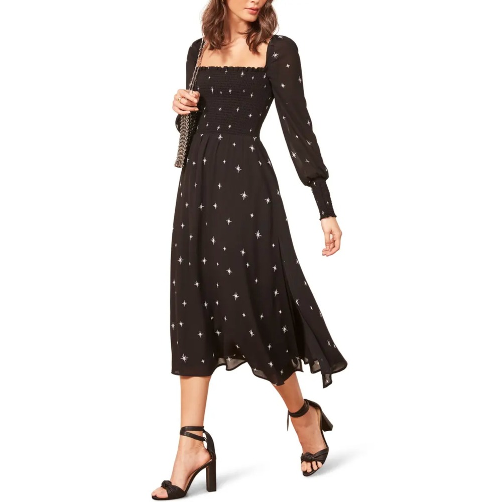 Reformation Rowan Midi Dress Black Constellation Print Long Sleeve Smocked XS